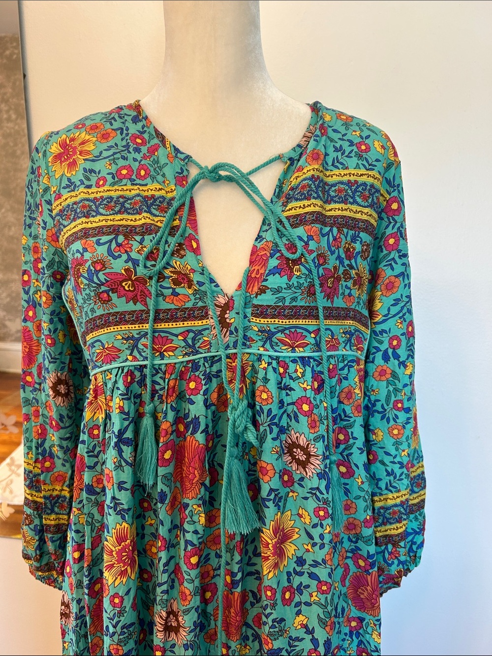Bohemian Teal Floral Tie-Front Long Sleeve Midi Dress - Picture 2 of 8